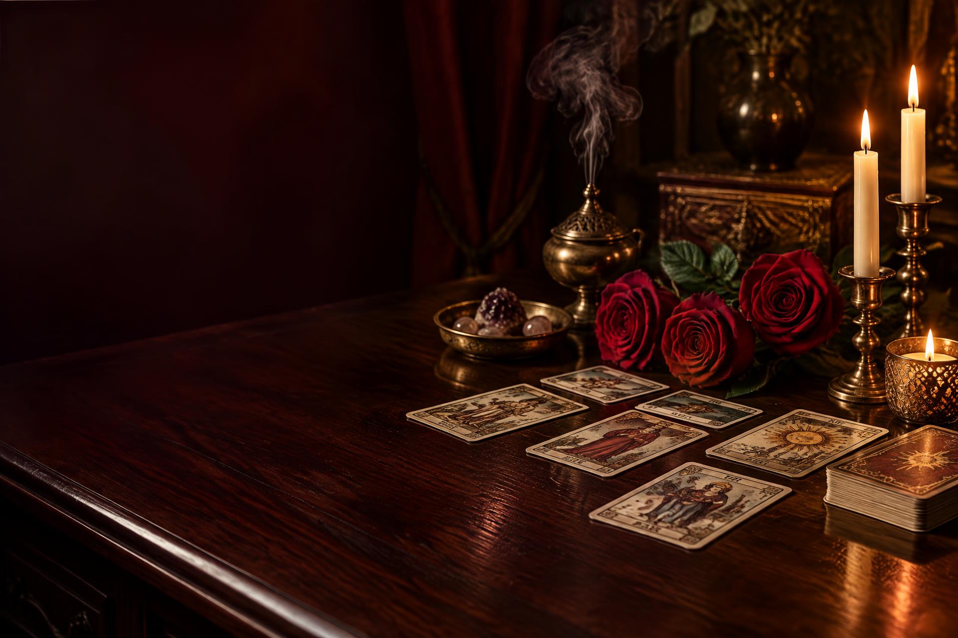 Mesa elegante de consulta espiritual com cartas de tarô, rosas vermelhas e iluminação dourada