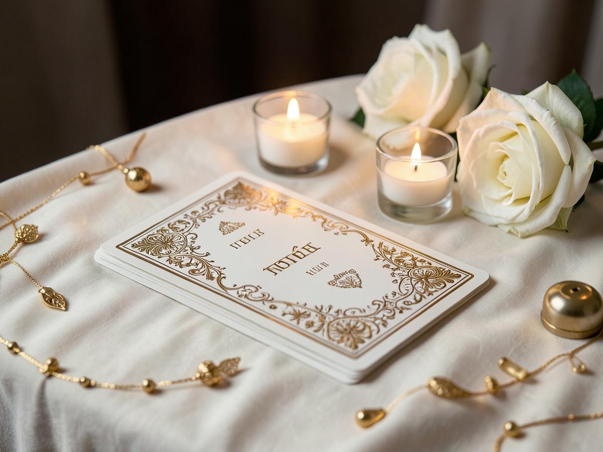 Mesa de consulta espiritual com cartas, velas e rosas brancas em tons dourados