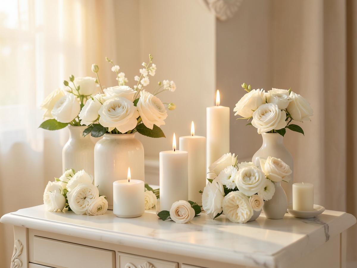 Velas acesas e flores brancas em um ambiente sereno de atendimento espiritual